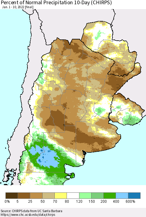 Southern South America Percent of Normal Precipitation 10-Day (CHIRPS) Thematic Map For 1/1/2022 - 1/10/2022