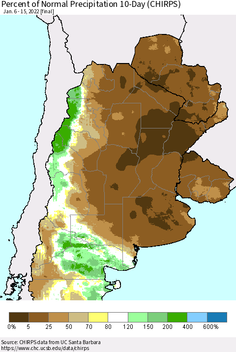 Southern South America Percent of Normal Precipitation 10-Day (CHIRPS) Thematic Map For 1/6/2022 - 1/15/2022