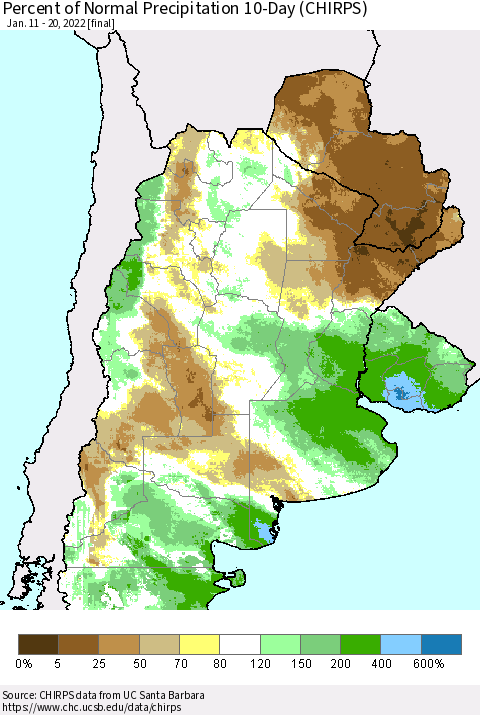 Southern South America Percent of Normal Precipitation 10-Day (CHIRPS) Thematic Map For 1/11/2022 - 1/20/2022