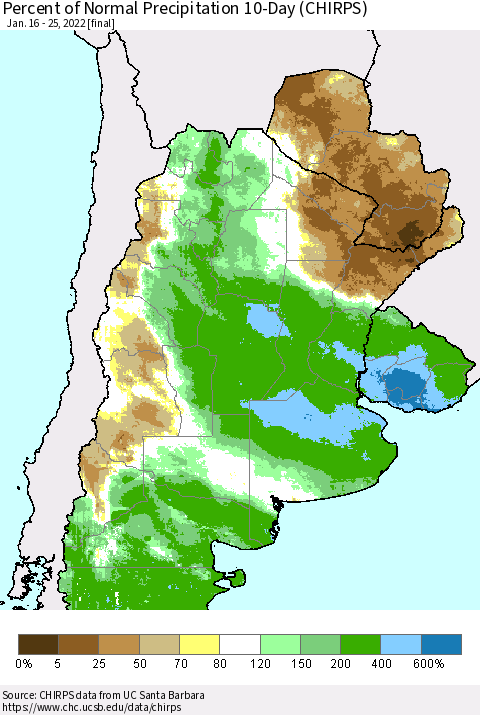 Southern South America Percent of Normal Precipitation 10-Day (CHIRPS) Thematic Map For 1/16/2022 - 1/25/2022