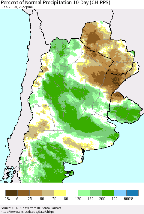 Southern South America Percent of Normal Precipitation 10-Day (CHIRPS) Thematic Map For 1/21/2022 - 1/31/2022