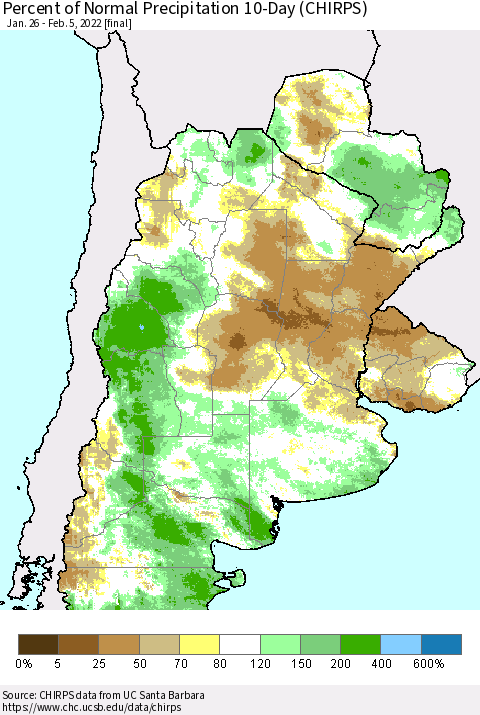 Southern South America Percent of Normal Precipitation 10-Day (CHIRPS) Thematic Map For 1/26/2022 - 2/5/2022