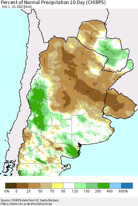 Southern South America Percent of Normal Precipitation 10-Day (CHIRPS) Thematic Map For 2/1/2022 - 2/10/2022
