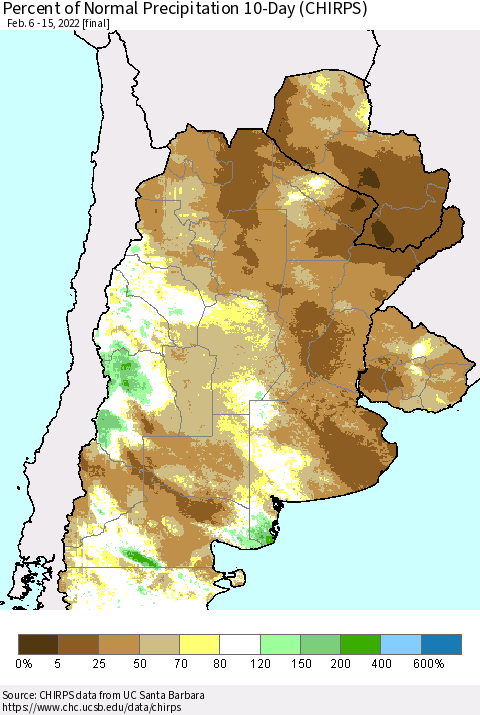 Southern South America Percent of Normal Precipitation 10-Day (CHIRPS) Thematic Map For 2/6/2022 - 2/15/2022