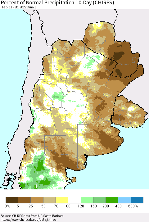 Southern South America Percent of Normal Precipitation 10-Day (CHIRPS) Thematic Map For 2/11/2022 - 2/20/2022