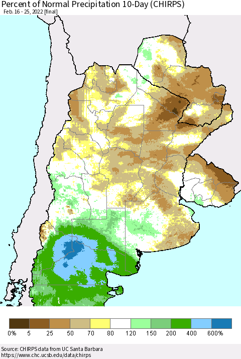 Southern South America Percent of Normal Precipitation 10-Day (CHIRPS) Thematic Map For 2/16/2022 - 2/25/2022