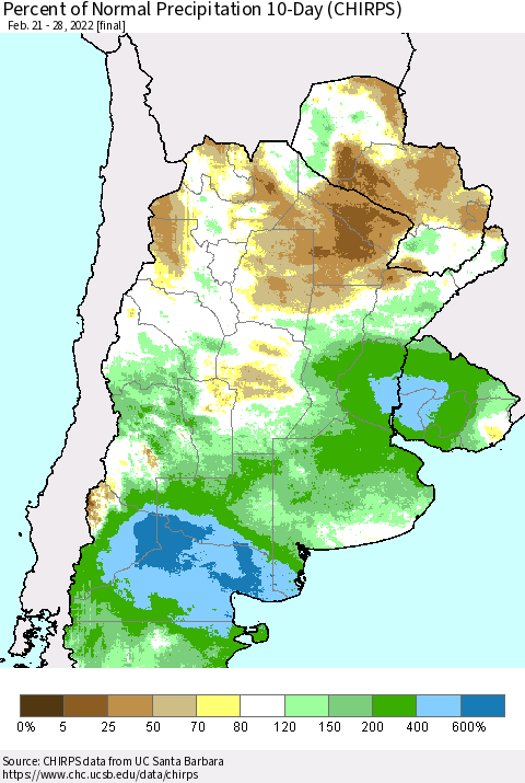 Southern South America Percent of Normal Precipitation 10-Day (CHIRPS) Thematic Map For 2/21/2022 - 2/28/2022