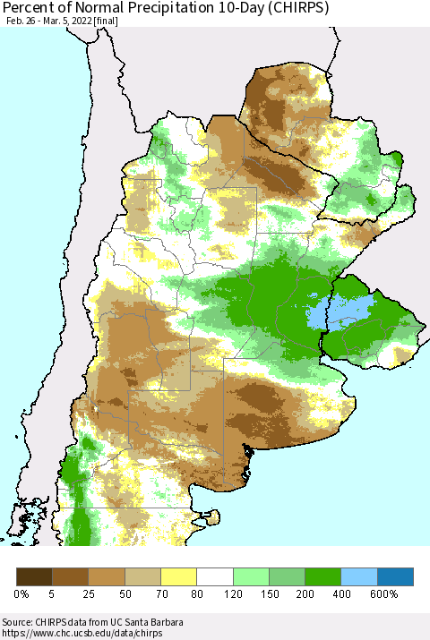 Southern South America Percent of Normal Precipitation 10-Day (CHIRPS) Thematic Map For 2/26/2022 - 3/5/2022