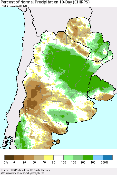Southern South America Percent of Normal Precipitation 10-Day (CHIRPS) Thematic Map For 3/1/2022 - 3/10/2022