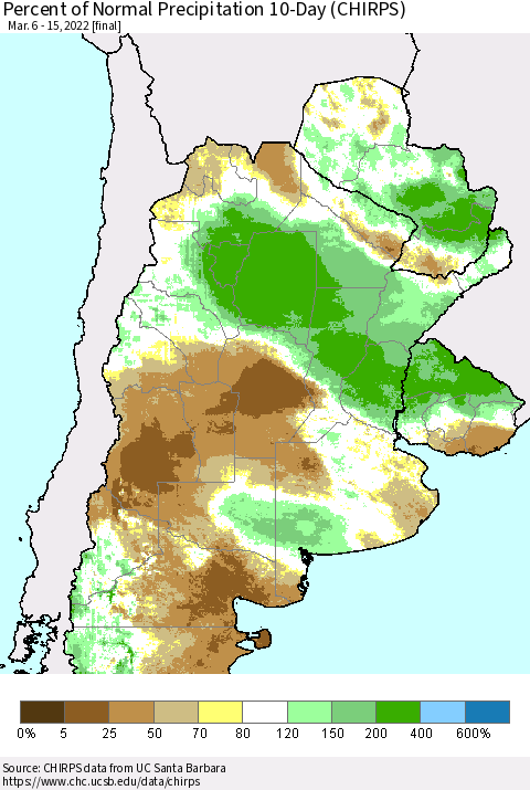 Southern South America Percent of Normal Precipitation 10-Day (CHIRPS) Thematic Map For 3/6/2022 - 3/15/2022