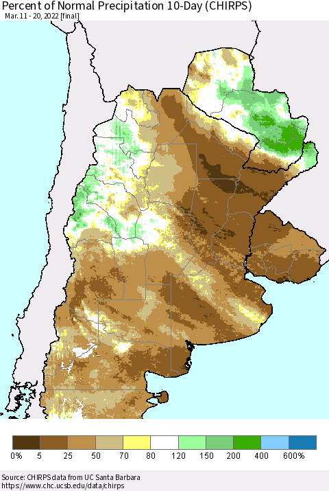 Southern South America Percent of Normal Precipitation 10-Day (CHIRPS) Thematic Map For 3/11/2022 - 3/20/2022