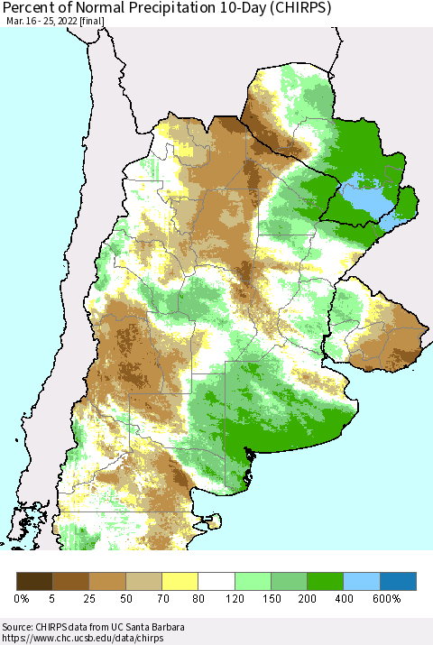 Southern South America Percent of Normal Precipitation 10-Day (CHIRPS) Thematic Map For 3/16/2022 - 3/25/2022