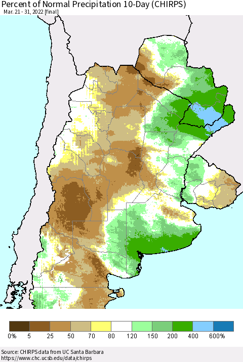Southern South America Percent of Normal Precipitation 10-Day (CHIRPS) Thematic Map For 3/21/2022 - 3/31/2022