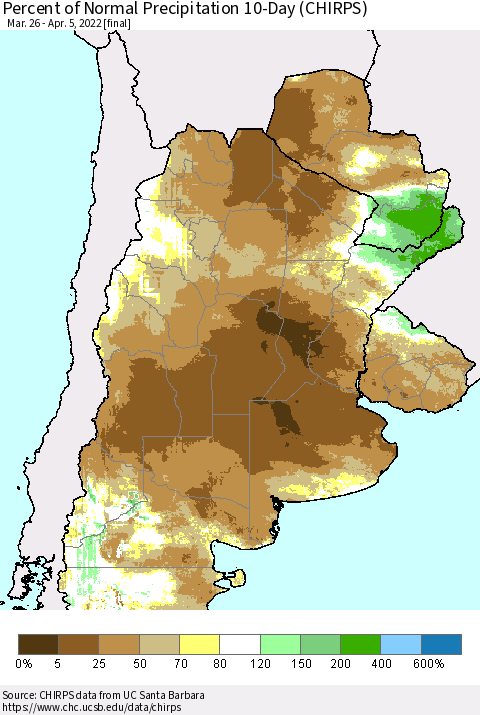 Southern South America Percent of Normal Precipitation 10-Day (CHIRPS) Thematic Map For 3/26/2022 - 4/5/2022