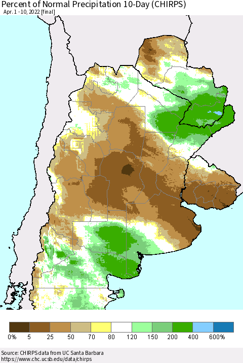 Southern South America Percent of Normal Precipitation 10-Day (CHIRPS) Thematic Map For 4/1/2022 - 4/10/2022