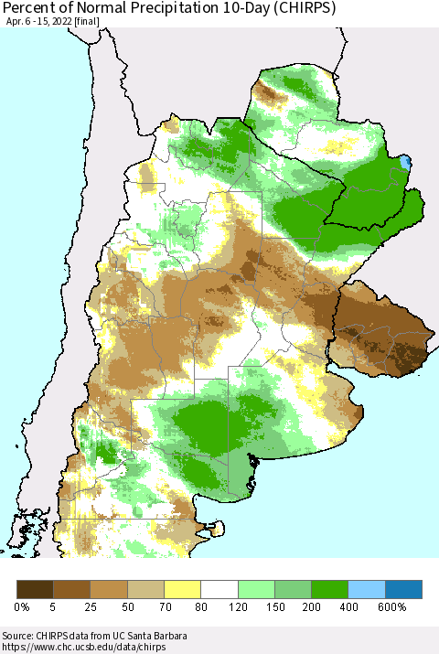 Southern South America Percent of Normal Precipitation 10-Day (CHIRPS) Thematic Map For 4/6/2022 - 4/15/2022