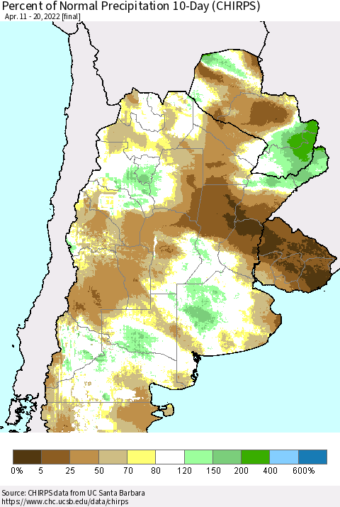 Southern South America Percent of Normal Precipitation 10-Day (CHIRPS) Thematic Map For 4/11/2022 - 4/20/2022