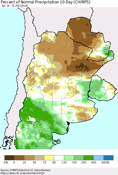 Southern South America Percent of Normal Precipitation 10-Day (CHIRPS) Thematic Map For 4/16/2022 - 4/25/2022