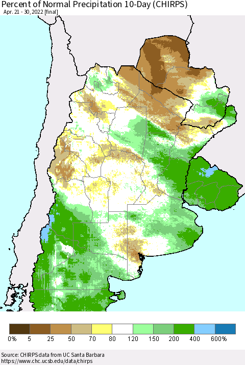 Southern South America Percent of Normal Precipitation 10-Day (CHIRPS) Thematic Map For 4/21/2022 - 4/30/2022