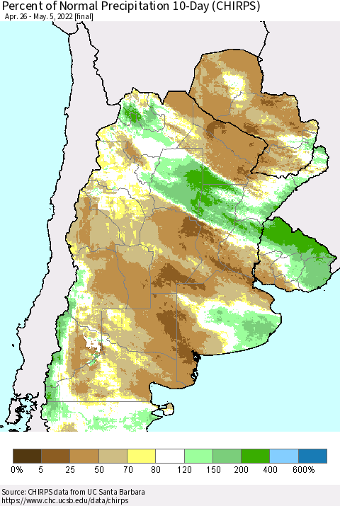 Southern South America Percent of Normal Precipitation 10-Day (CHIRPS) Thematic Map For 4/26/2022 - 5/5/2022