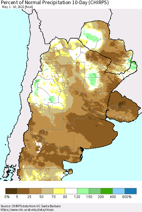 Southern South America Percent of Normal Precipitation 10-Day (CHIRPS) Thematic Map For 5/1/2022 - 5/10/2022