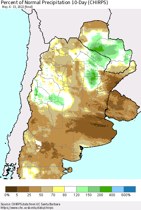 Southern South America Percent of Normal Precipitation 10-Day (CHIRPS) Thematic Map For 5/6/2022 - 5/15/2022