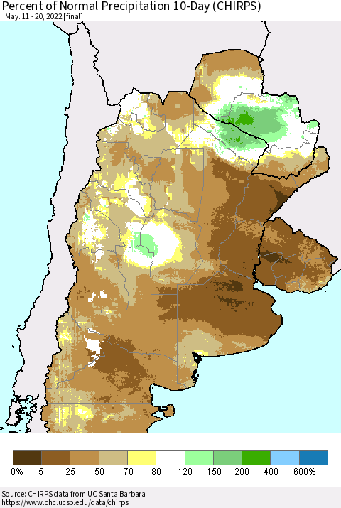 Southern South America Percent of Normal Precipitation 10-Day (CHIRPS) Thematic Map For 5/11/2022 - 5/20/2022