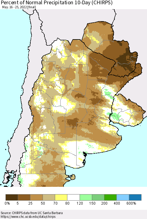 Southern South America Percent of Normal Precipitation 10-Day (CHIRPS) Thematic Map For 5/16/2022 - 5/25/2022