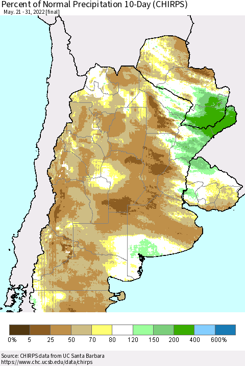 Southern South America Percent of Normal Precipitation 10-Day (CHIRPS) Thematic Map For 5/21/2022 - 5/31/2022