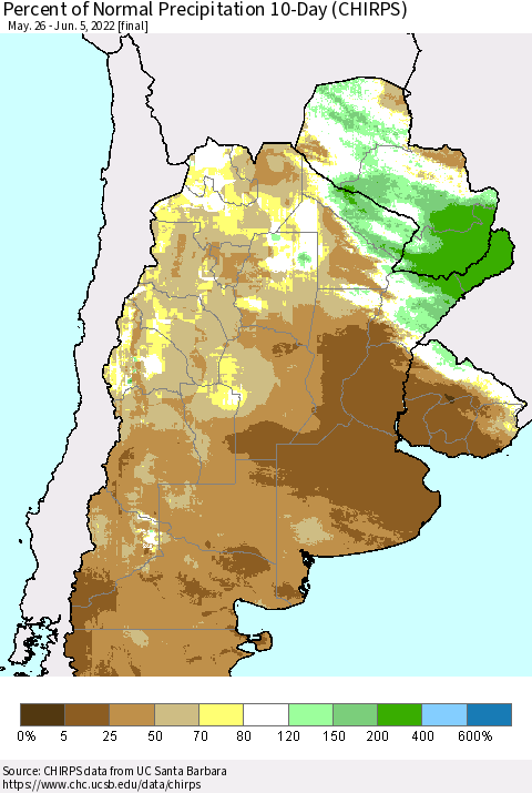 Southern South America Percent of Normal Precipitation 10-Day (CHIRPS) Thematic Map For 5/26/2022 - 6/5/2022