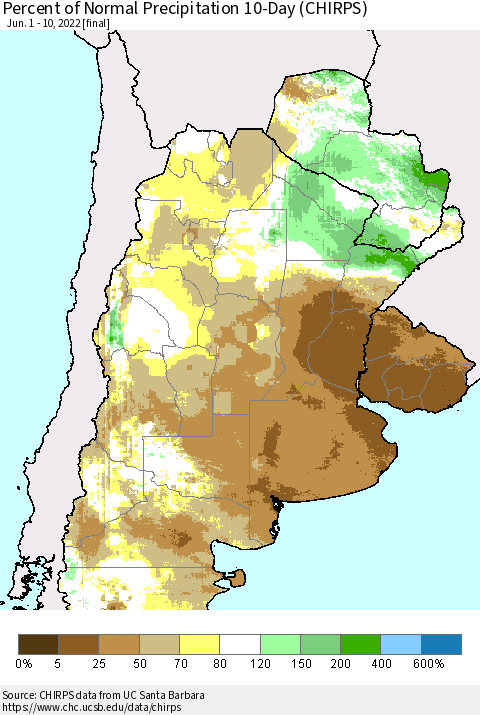 Southern South America Percent of Normal Precipitation 10-Day (CHIRPS) Thematic Map For 6/1/2022 - 6/10/2022