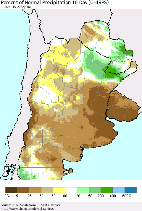 Southern South America Percent of Normal Precipitation 10-Day (CHIRPS) Thematic Map For 6/6/2022 - 6/15/2022