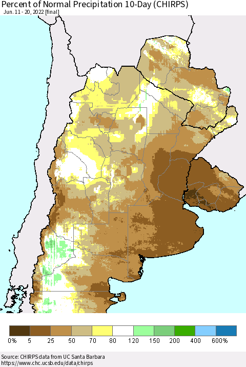 Southern South America Percent of Normal Precipitation 10-Day (CHIRPS) Thematic Map For 6/11/2022 - 6/20/2022