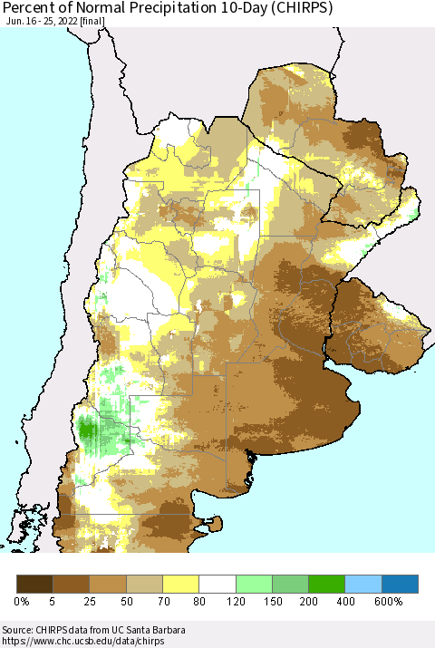 Southern South America Percent of Normal Precipitation 10-Day (CHIRPS) Thematic Map For 6/16/2022 - 6/25/2022