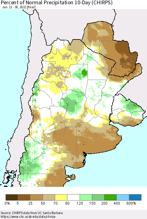 Southern South America Percent of Normal Precipitation 10-Day (CHIRPS) Thematic Map For 6/21/2022 - 6/30/2022