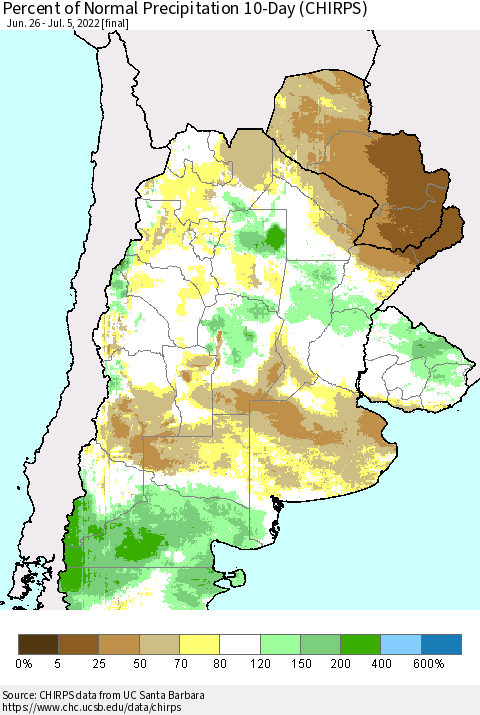 Southern South America Percent of Normal Precipitation 10-Day (CHIRPS) Thematic Map For 6/26/2022 - 7/5/2022