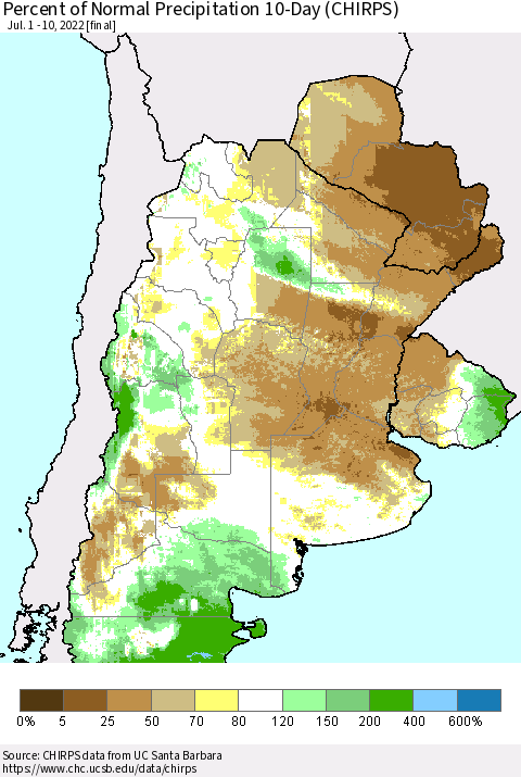 Southern South America Percent of Normal Precipitation 10-Day (CHIRPS) Thematic Map For 7/1/2022 - 7/10/2022