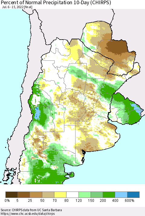 Southern South America Percent of Normal Precipitation 10-Day (CHIRPS) Thematic Map For 7/6/2022 - 7/15/2022