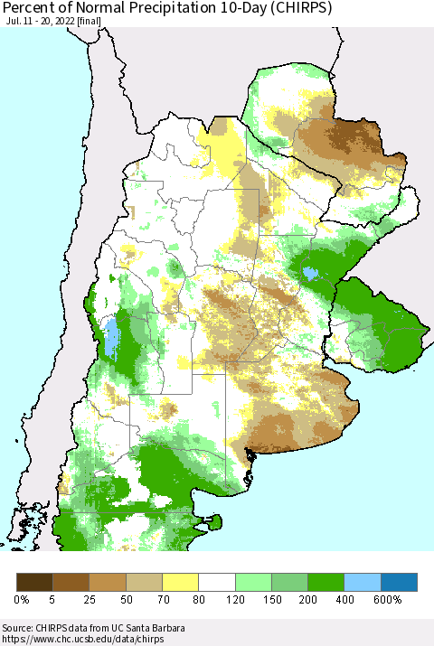 Southern South America Percent of Normal Precipitation 10-Day (CHIRPS) Thematic Map For 7/11/2022 - 7/20/2022