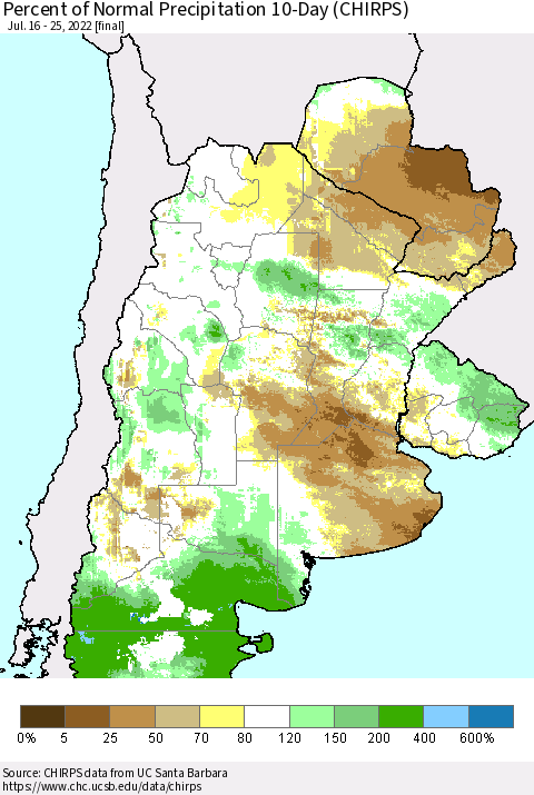 Southern South America Percent of Normal Precipitation 10-Day (CHIRPS) Thematic Map For 7/16/2022 - 7/25/2022