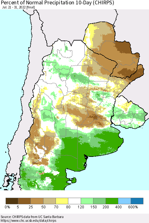 Southern South America Percent of Normal Precipitation 10-Day (CHIRPS) Thematic Map For 7/21/2022 - 7/31/2022