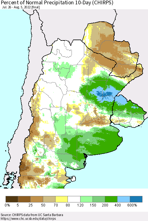 Southern South America Percent of Normal Precipitation 10-Day (CHIRPS) Thematic Map For 7/26/2022 - 8/5/2022