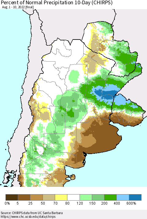Southern South America Percent of Normal Precipitation 10-Day (CHIRPS) Thematic Map For 8/1/2022 - 8/10/2022