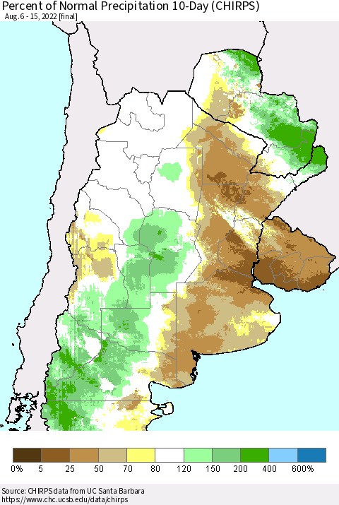 Southern South America Percent of Normal Precipitation 10-Day (CHIRPS) Thematic Map For 8/6/2022 - 8/15/2022