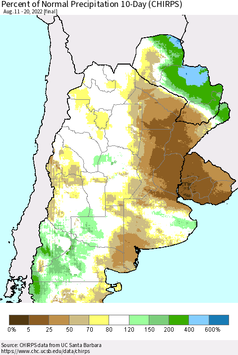 Southern South America Percent of Normal Precipitation 10-Day (CHIRPS) Thematic Map For 8/11/2022 - 8/20/2022