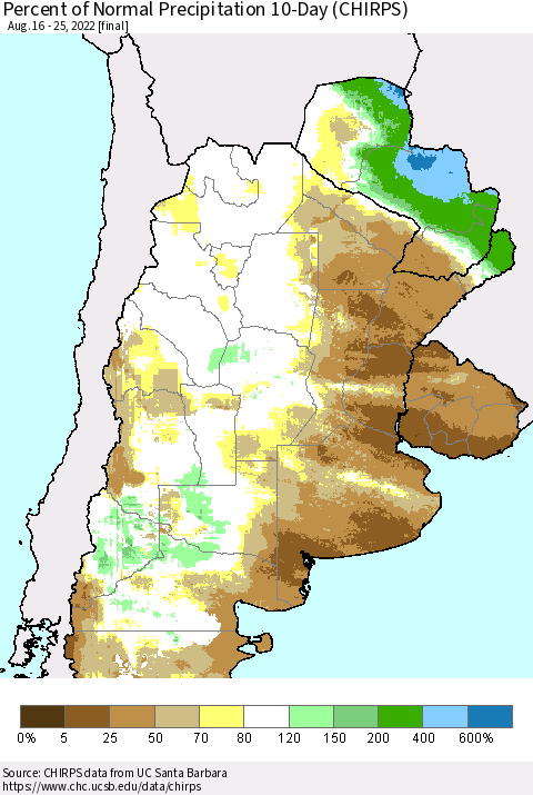 Southern South America Percent of Normal Precipitation 10-Day (CHIRPS) Thematic Map For 8/16/2022 - 8/25/2022