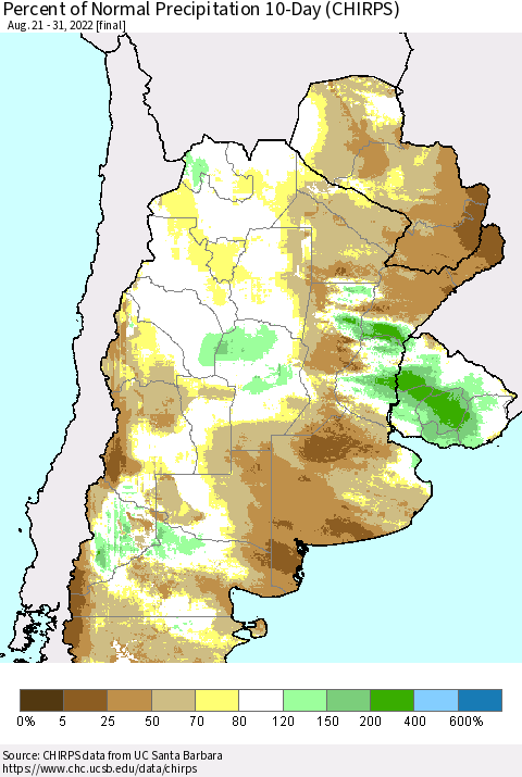 Southern South America Percent of Normal Precipitation 10-Day (CHIRPS) Thematic Map For 8/21/2022 - 8/31/2022