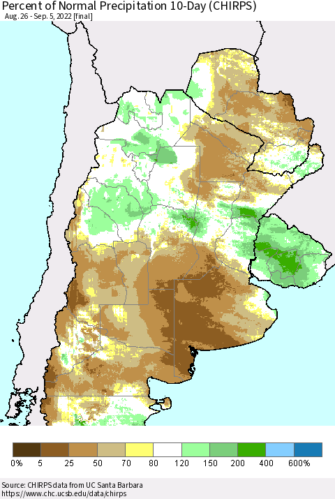 Southern South America Percent of Normal Precipitation 10-Day (CHIRPS) Thematic Map For 8/26/2022 - 9/5/2022