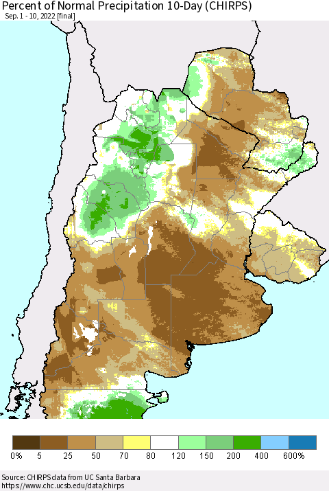 Southern South America Percent of Normal Precipitation 10-Day (CHIRPS) Thematic Map For 9/1/2022 - 9/10/2022