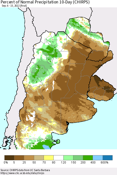 Southern South America Percent of Normal Precipitation 10-Day (CHIRPS) Thematic Map For 9/6/2022 - 9/15/2022